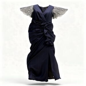 Betsy & Adam Navy Beaded Flutter Sleeve Gown - Size 6